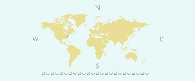 World map with compass and time zones